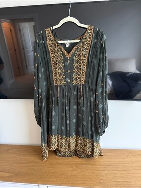 Anthropologie Olive Green Embroidered Long-Sleeve Mini Dress